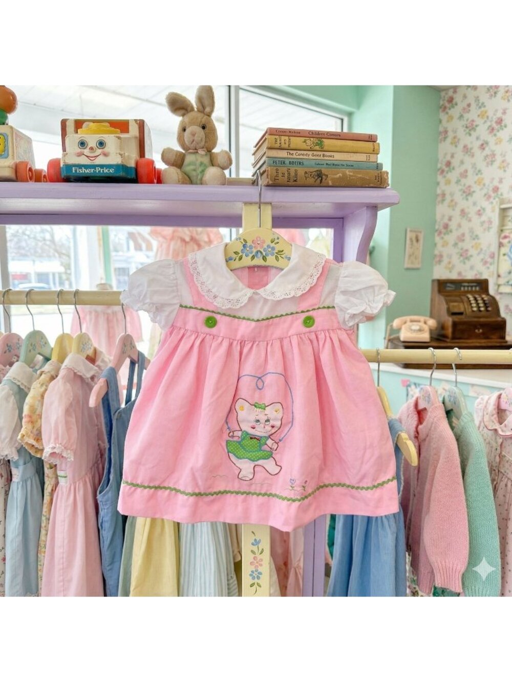 Vintage 60s Baby Girls 6-9M Pink Jumper Dress Embroidered Cat Kitten Puff Sleeve